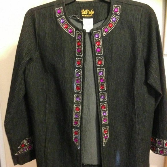 Bob Mackie Wearable Art ~Black Denim Jacket Embroidered Jeweled ~Zip Front ~Sz.S - Picture 2 of 10